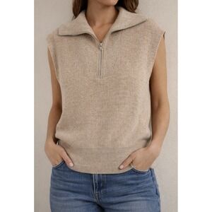 Dokotoo Women's Sleeveless Knit Sweater Vest Half Zip Beige Neutral Top SZ Small